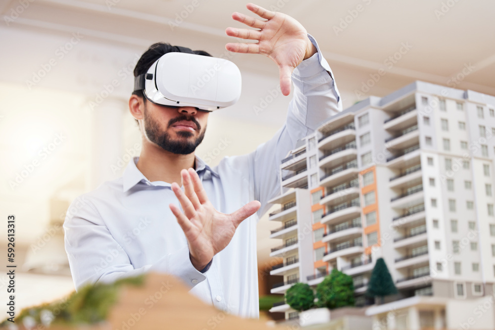 Fototapete architect, man and vr architecture model, construction and building with future technology and ux. v