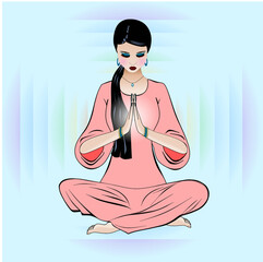 Nice illustration of a girl meditating in the Yoga Lotus position, with a light blue background and her Aura