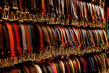 The row of colorful leather belts.