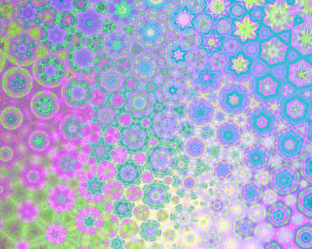 Abstract floral hexagonal fractal art background, reminiscent of islamic tiling or millefiori glass.