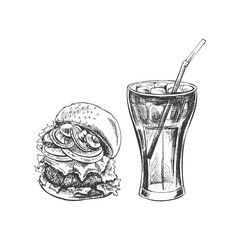 Hand-drawn sketch of burger,  cola glass  with ice, isolated. Monochrome junk food vintage illustration. Great for menu, poster or restaurant background.