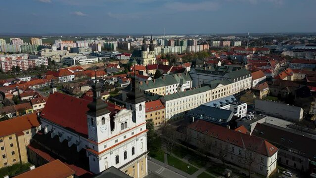 Aerial view of Saint Nicolas Church and Trnava St John the Baptist Cathedral, 4k