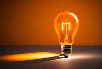 Single orange light bulb over orange background with white rays, energy, idea or innovation concept. Generative AI