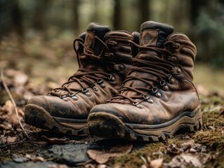 A pair of hiking boots on a trail