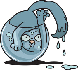 Witziger Cartoon einer ungeschickten Katze, die triefend nass in einem Aquarium feststeckt - obrazy, fototapety, plakaty