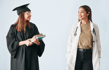 Graduation, medicine and medical student with degree, certificate and diploma achievement isolated...