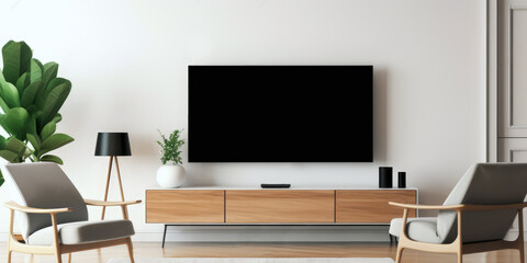 tv mockup on the wall with blank screen in modern interior with furniture and plants. generative AI