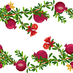 Pomegranate branches with fruits and flowers Seamless pattern. Bright leaves and fruits. Jewish New Year