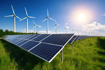 renewable energy background with green energy with wind turbines and solar panels. generative ai