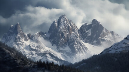 Obraz premium snowy majesty: a breathtaking view of mountain peaks blanketed in fresh snow, sunlight peeking through the clouds. captured with a telephoto lens to emphasize their grandeur. genrative ai