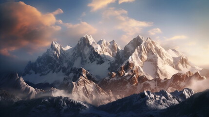 Obraz premium snowy majesty: a breathtaking view of mountain peaks blanketed in fresh snow, sunlight peeking through the clouds. captured with a telephoto lens to emphasize their grandeur. genrative ai
