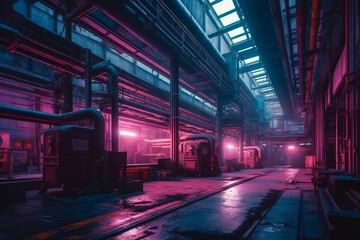 Fototapeta na wymiar Interior on an industrial plant in synth wave futuristic style. Generative AI
