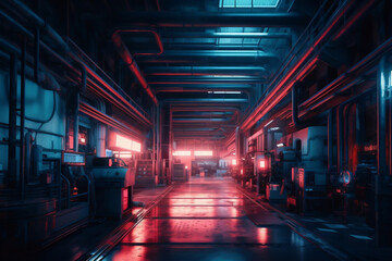 Naklejka premium Interior on an industrial plant in synth wave futuristic style. Generative AI