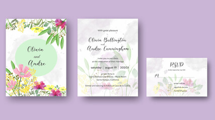 Wedding invitation template card set with flowers watercolor. Set of rustic wedding cards. Wedding invitations  in watercolor style.