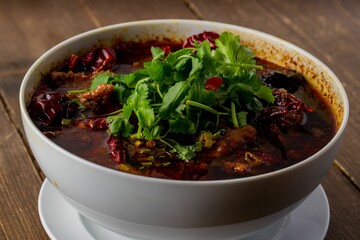 Closeup of a Asian beef soup