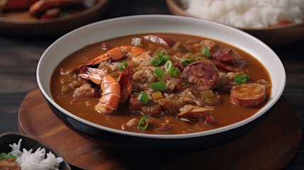 This spicy seafood gumbo is the perfect combination of bold flavors, with a mix of shrimp, crab, andouille sausage, and plenty of Creole seasoning. Generated by AI.