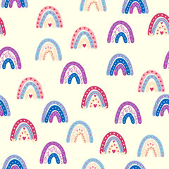 Seamless pattern graceful rainbows in boho colors. Scandinavian baby hand style for newborns.