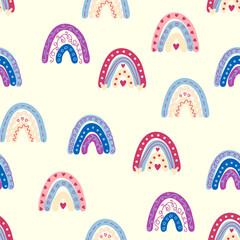 Seamless pattern graceful rainbows in boho colors. Scandinavian baby hand style for newborns.