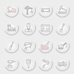 Construction line icon set, repair collection, vector sketches, neumorphic UI UX buttons, construction icons, building equipments signs linear pictograms, editable stroke