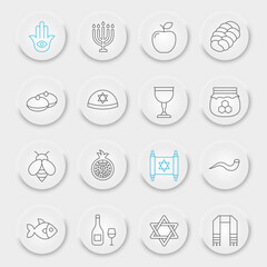 Rosh hashanah line icon set, hanukkah collection, vector sketches, neumorphic UI UX buttons, shana tova icons, rosh hashanah signs linear pictograms, editable stroke