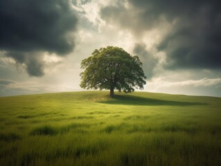 A peaceful image of a lone tree standing tall in the middle of a serene meadow
