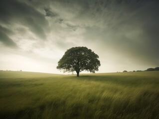 Fototapeta na wymiar A peaceful image of a lone tree standing tall in the middle of a serene meadow