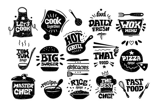 Chef food bakery, utensil black hand drawn elements. Cafe logo, cooking studio silhouette stickers, dinner on kitchen. Noodle and ramen, wok and pizza logotype. Vector exact illustration