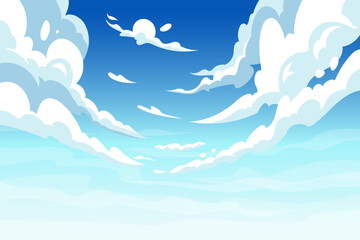 Fototapeta na wymiar Blue sky, heaven anime curve clouds. Nature sea sun landscape, gradient cloudy scene, beautiful clear spring air. Beautiful cloudscape panorama. Vector garish background, wallpaper design
