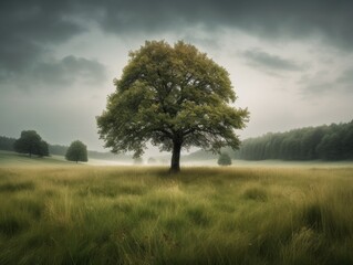 Obraz premium A peaceful image of a lone tree standing tall in the middle of a serene meadow