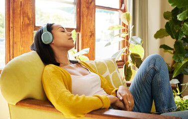 Woman, meditation and headphones, listen to music or podcast for peace and stress relief, sleeping...