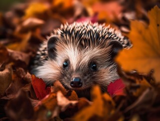 Fototapeta premium A curious hedgehog peeking out of a pile of autumn leaves