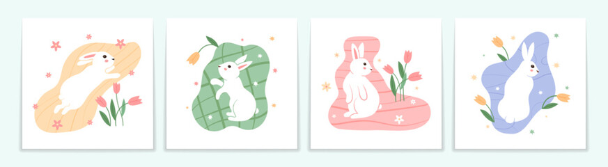 Doodle hare cards, white rabbit with spring flowers, cute bunny. Mascot for horoscope or astrology, vintage engraved posters, easter cards, adorable animal. Vector utter abstract prints