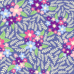 Fantasy seamless floral pattern with blue, pink, purple, red, orange flowers and leaves. Elegant template for fashion