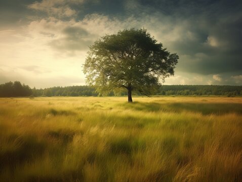 A peaceful image of a lone tree standing tall in the middle of a serene meadow.