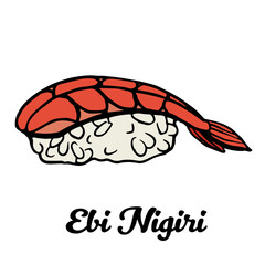 Ebi nigiri sushi with shrimp and rice wrapped in nori seaweed. Japanese outline vector hand drawn sushi rolls illustration isolated on white for sushi menu, restaurant, site.