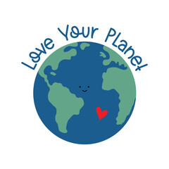 Love your planet - Hand drawn Earth Planet with heart. Happy Earth Day decoartion.