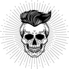 Obraz premium Human scull illustration. Hand drawn SVG skeleton with hair. Vintage logo haired scull.