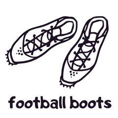 Football boots sign, football emblem. Vector doodle sport equipment logotype isolated on white. Outline illustration.