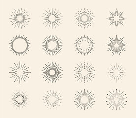 Spark burst, starburst set. Blast of star or sun, vintage circle logo or pattern, radiant beam, line flare. Retro hand drawn frames. Abstract outline flat badge. Vector garish graphic design