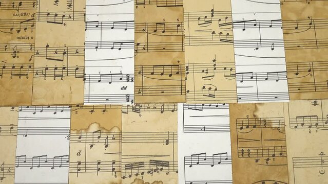 A collage from various old parts of old sheets music on cardboard. Paper background in a retro style 