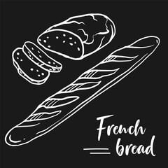 Collection of different kinds of french bread. Doodle hand drawn set of baguette french bread for decoration of bakery products shop and menu.  Vector illustration.