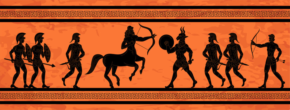 Ancient Greek mythology. History war mural. Greece or Odyssey antique painting. Trojan historic art. Sparta soldiers. Mythological faun and centaur. Vector tidy illustration pattern