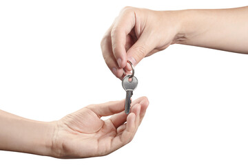 Two hands sharing a house key, cut out