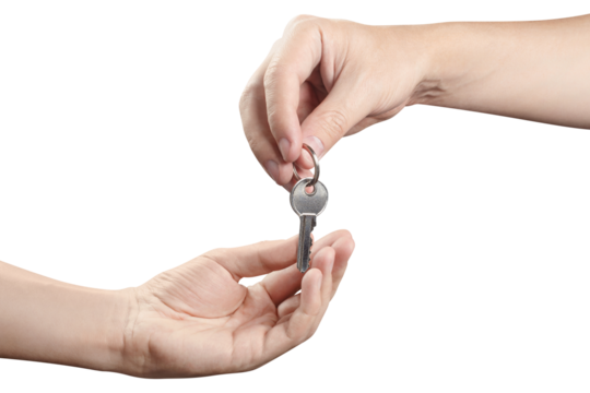 Two hands sharing a house key, cut out