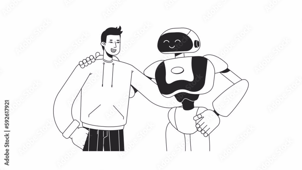 Poster human embracing robot bw animation. animated android with guy 2d flat monochromatic thin line charac