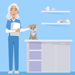 Woman veterinarian indoors in veterinary clinic with dog