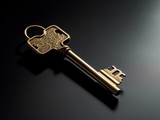 A shiny gold key on a plain background
