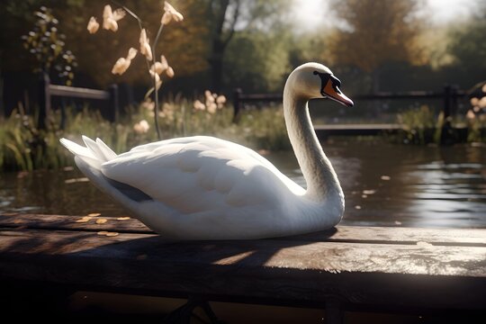 Swan sitting on the bank of a pond