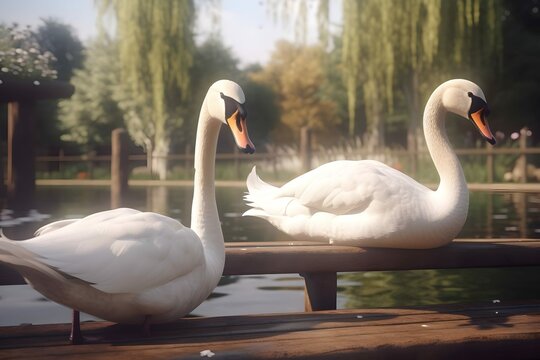 Two swans on the bank of a pond