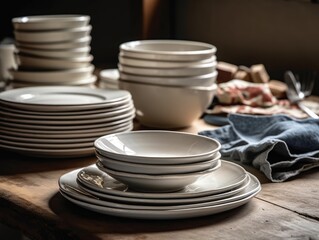A stack of simple, clean plates and utensils on a table